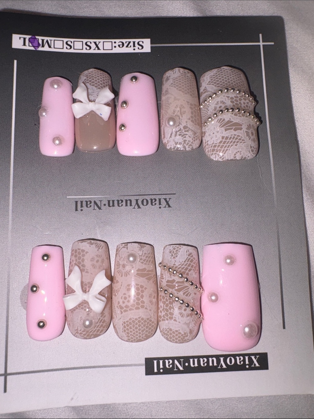 Premium Custom made Square:Pink & Beige Lace Press w/ bows/gold beads Nail Set L